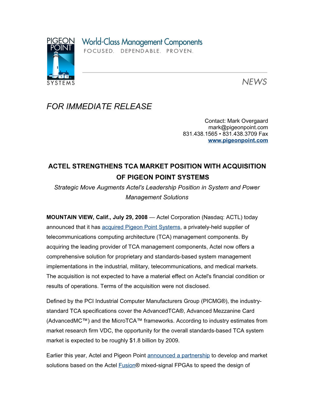 Actel Strengthens TCA Market Position with Acquisition of Pigeon Point Systems