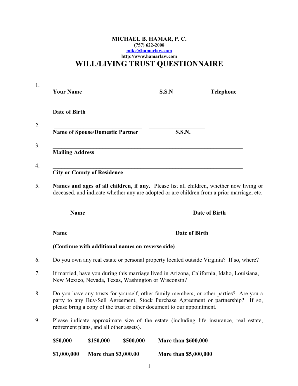 Will/Living Trust Questionnaire