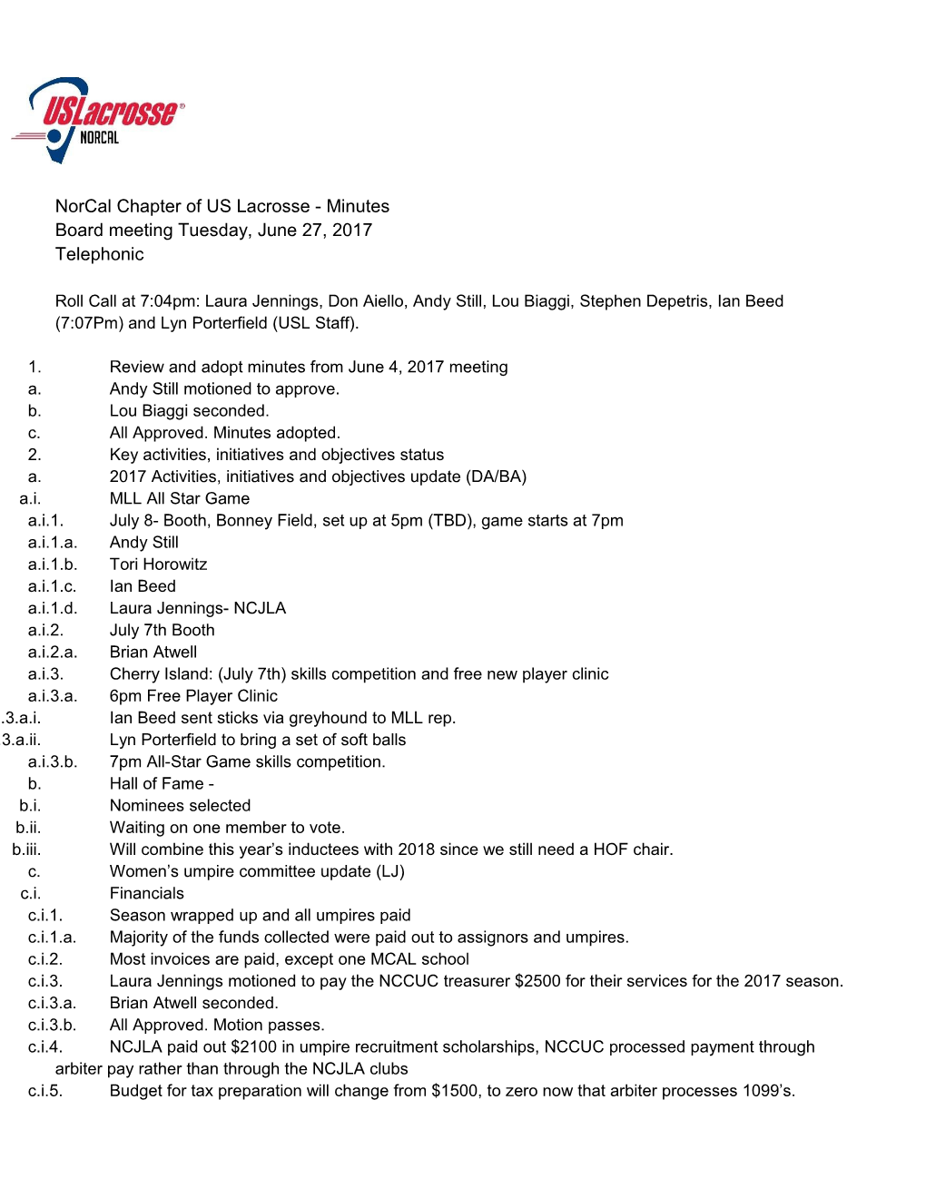 Norcal Chapter of US Lacrosse - Minutes