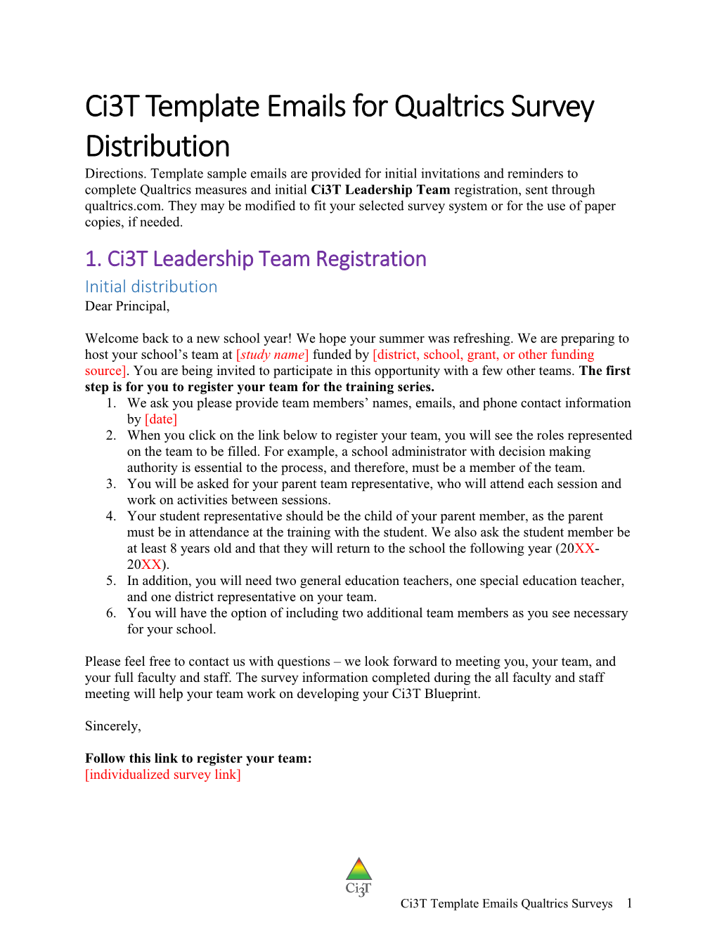 Ci3t Template Emails for Qualtrics Survey Distribution