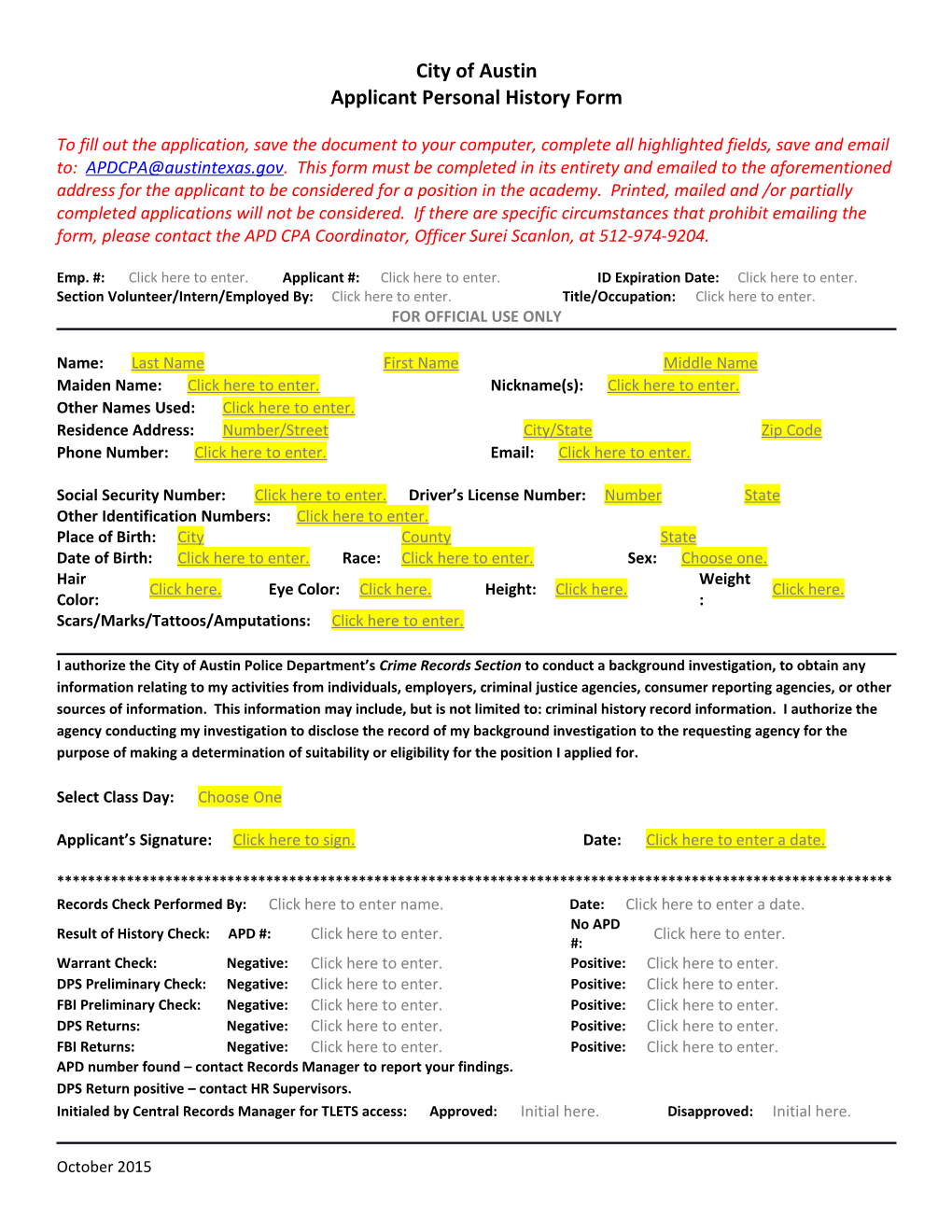 Applicant Personal History Form