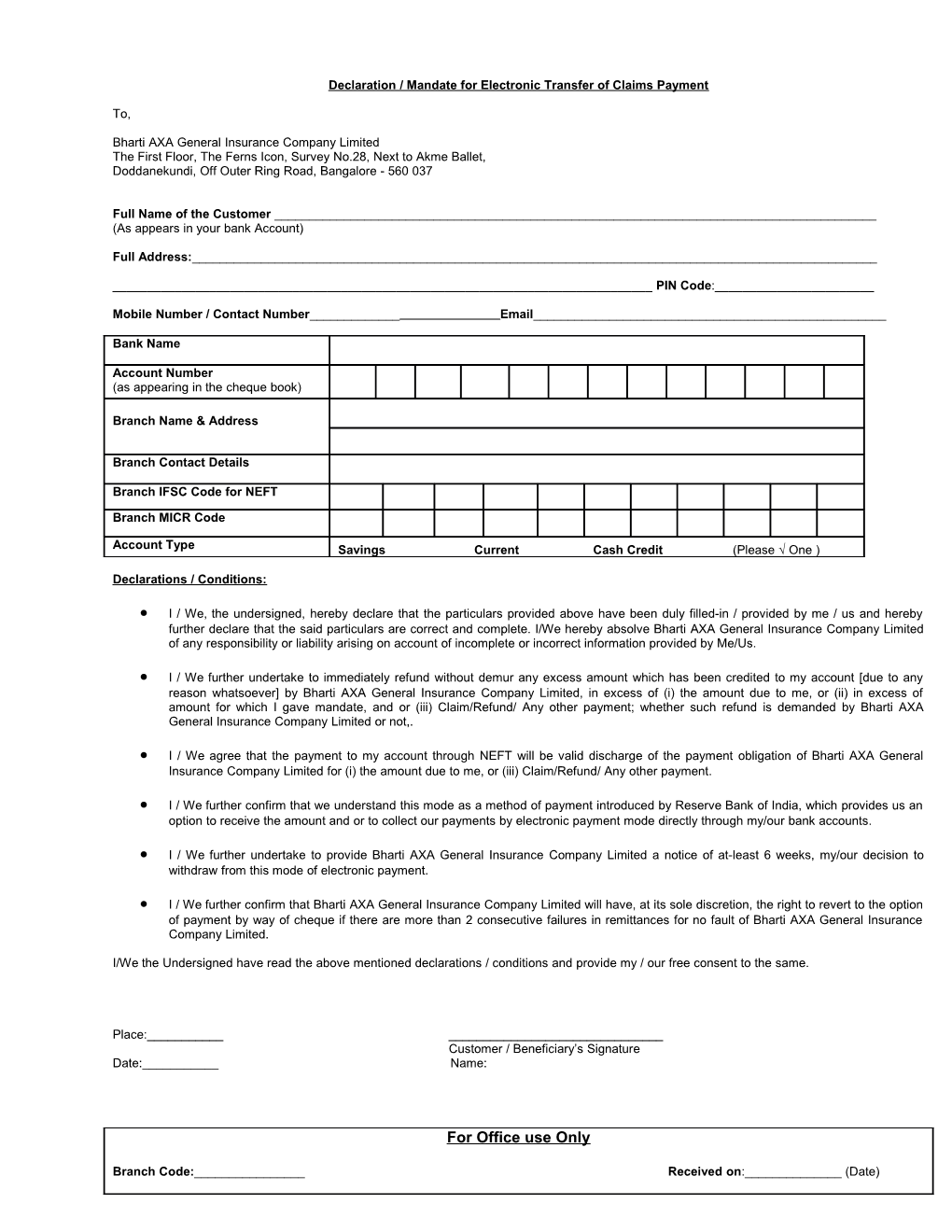 Declaration / Mandate for Electronic Transfer of Claims Payment