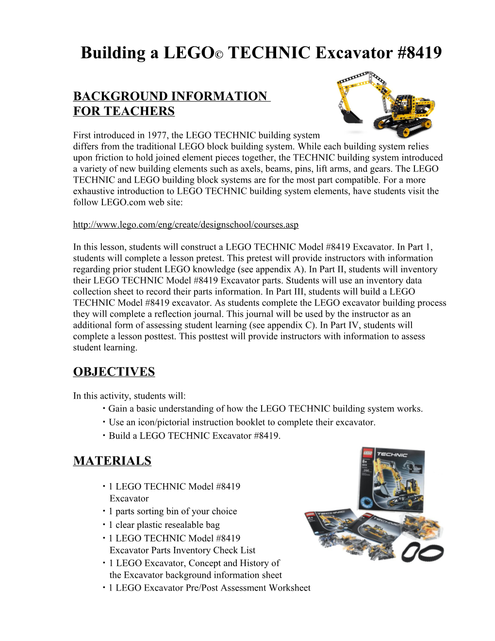 Lesson: LEGO Technic Excavator #8419