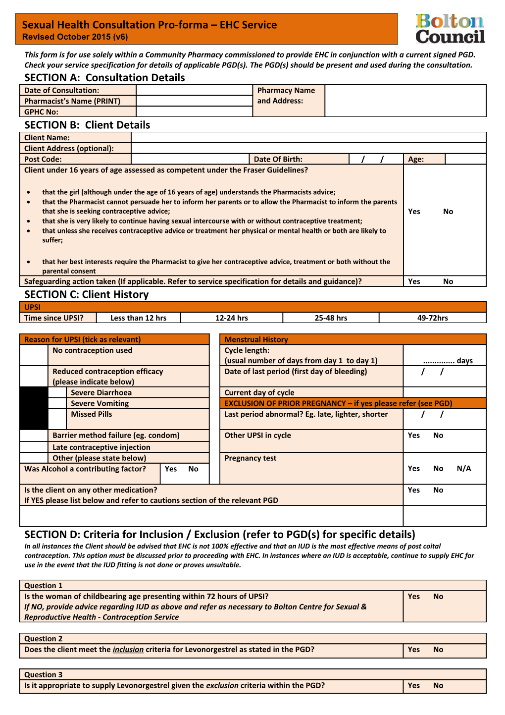 This Form Is for Use Solely Within a Community Pharmacy Commissioned to Provide EHC In