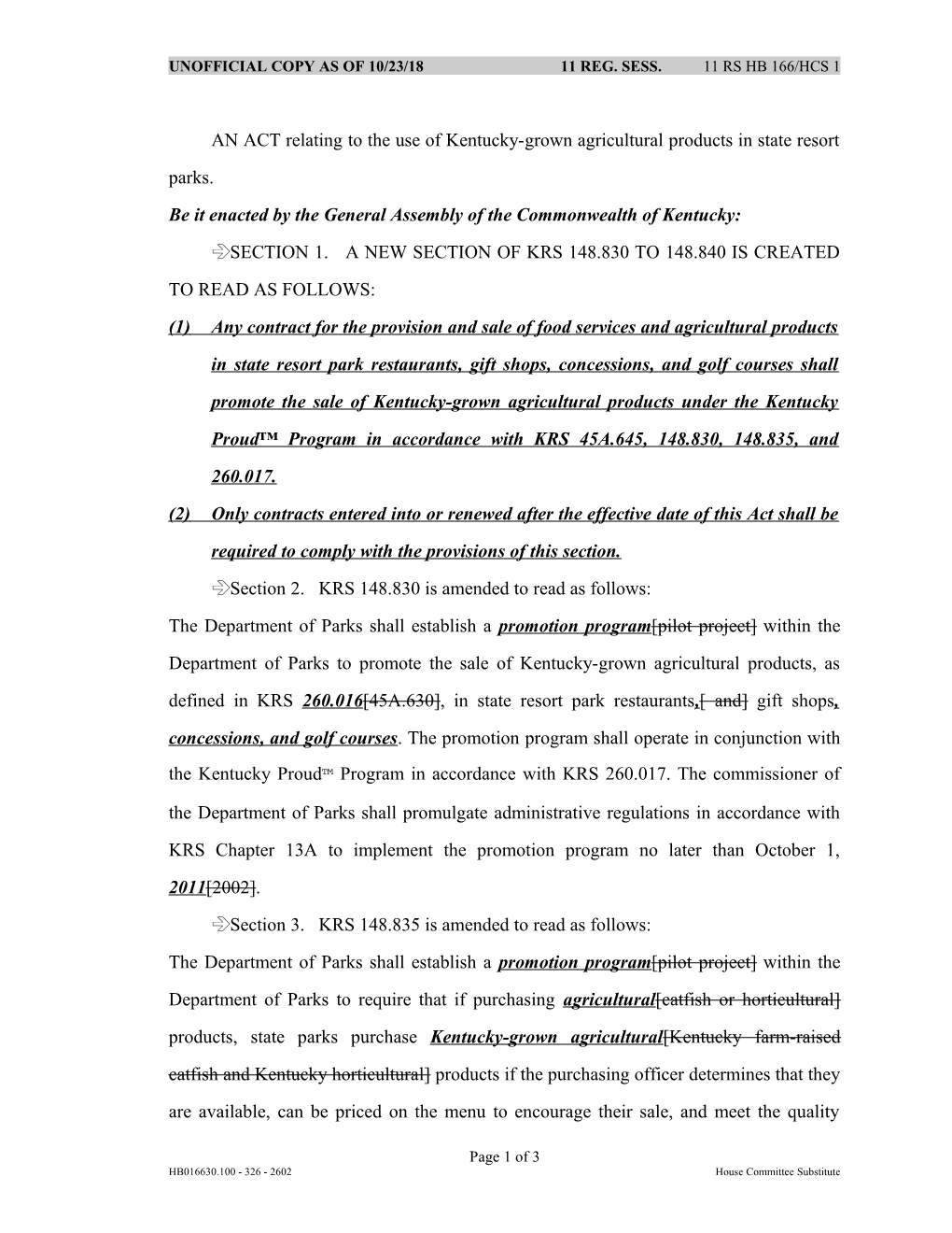 AN ACT Relating to the Use of Kentucky-Grown Agricultural Products in State Resort Parks