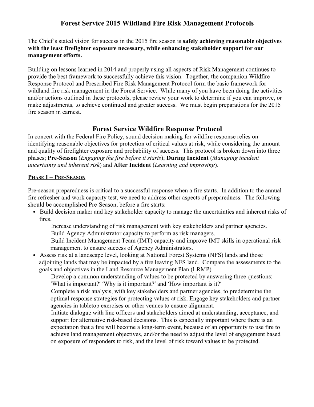 Forest Service 2015 Wildland Fire Risk Management Protocols