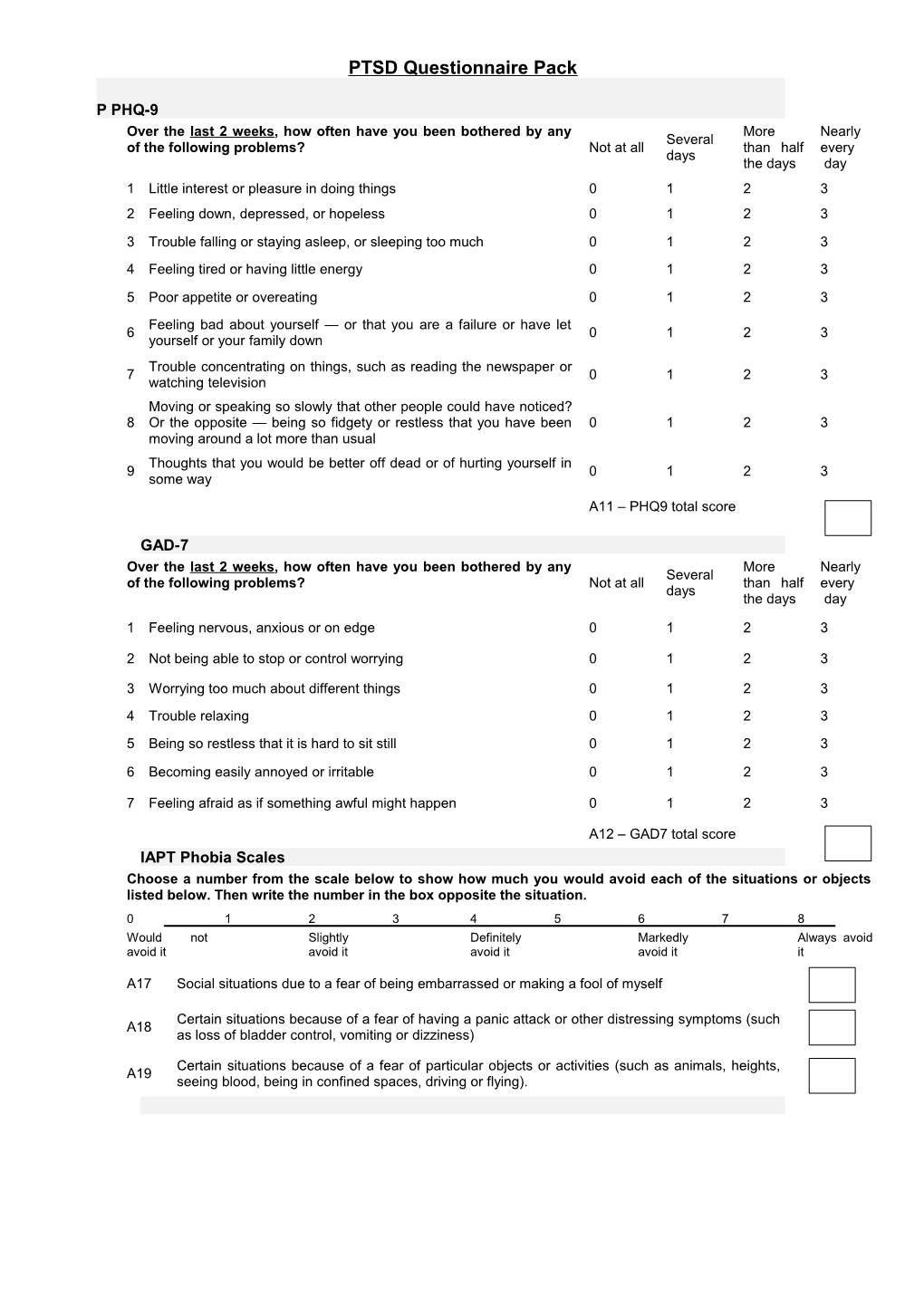 Social Phobia: Questionnaire Pack