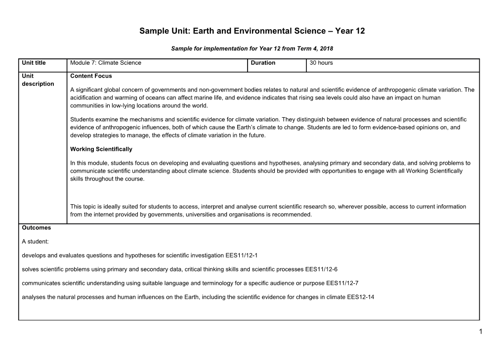 Sample Unit: Earth and Environmental Science Year 12