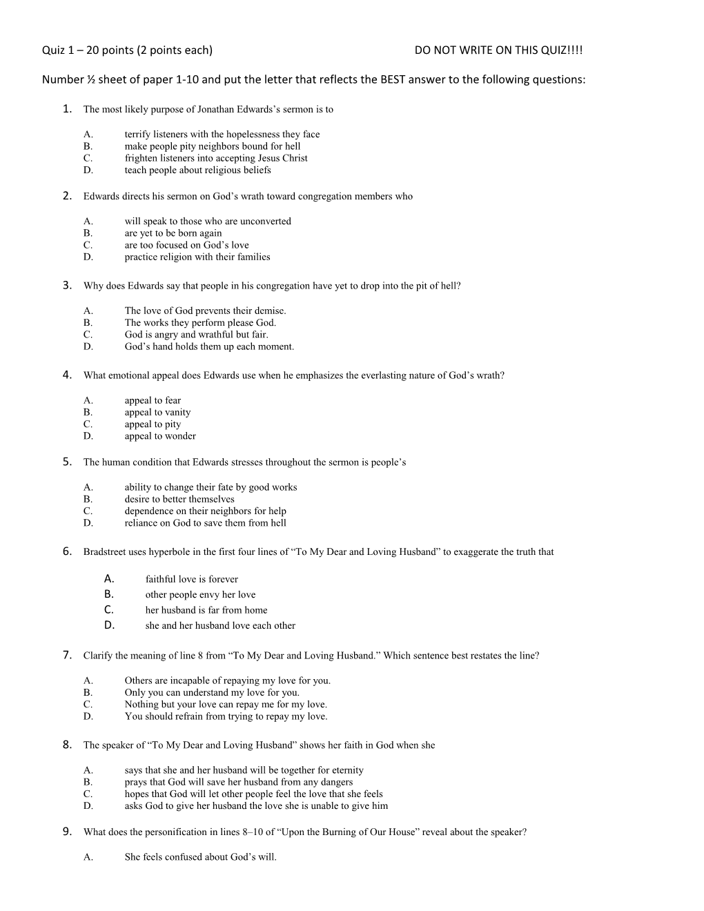 Quiz 1 20 Points (2 Points Each)DO NOT WRITE on THIS QUIZ