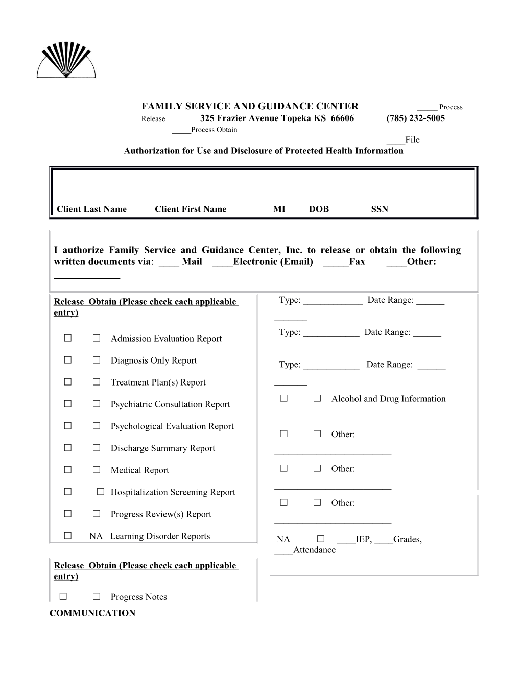 FAMILY SERVICE and GUIDANCE CENTER Authorization for Release of Information