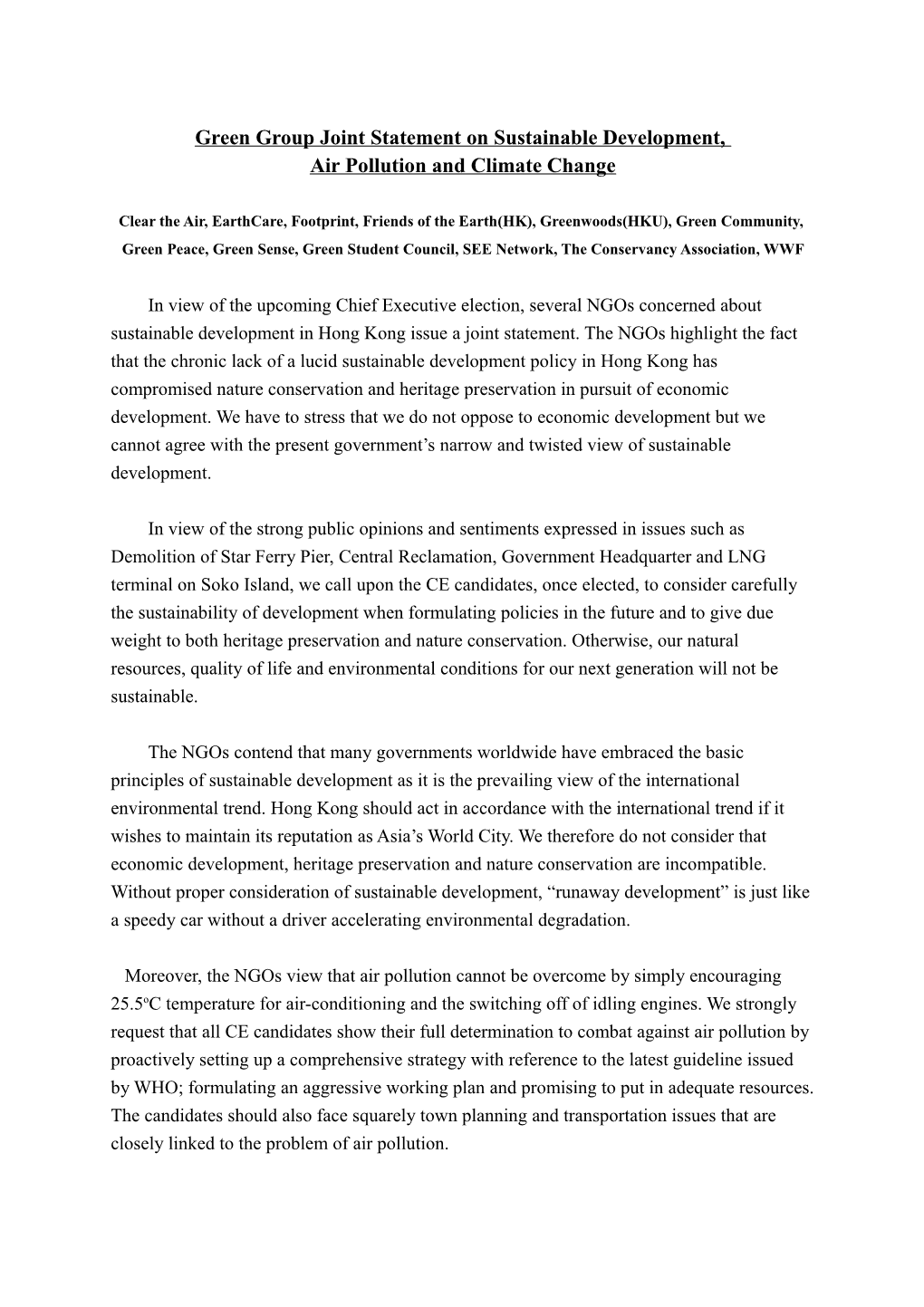 Green Group Joint Statement on Sustainable Development