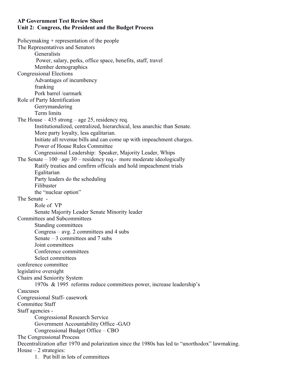 Unit 2: Congress, the President and the Budget Process