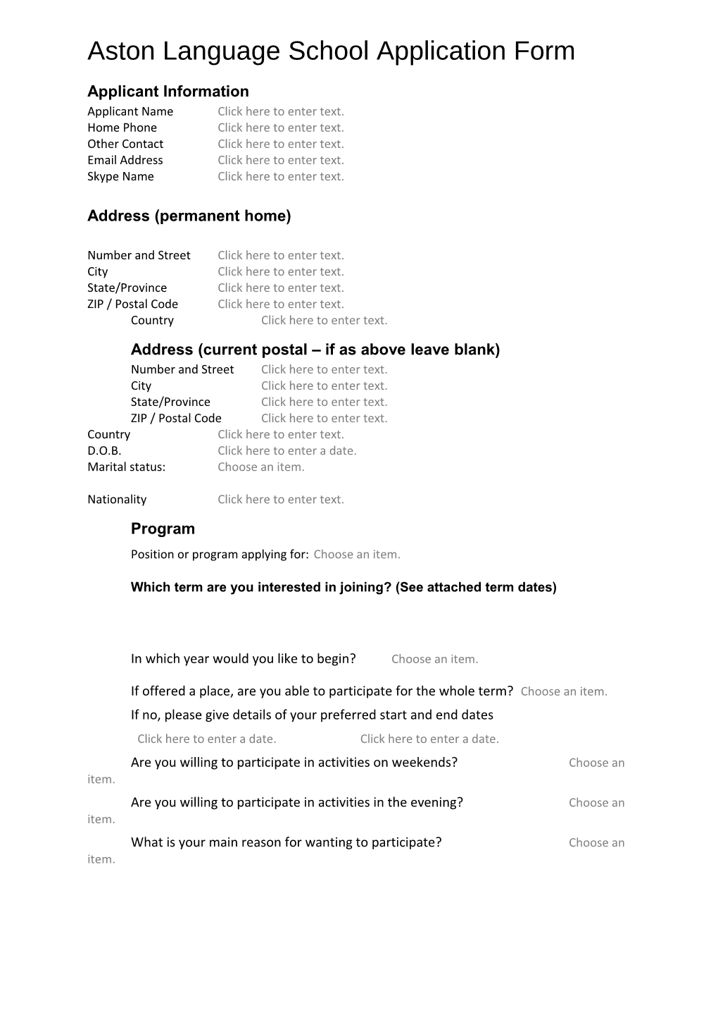 Aston Language School Application Form