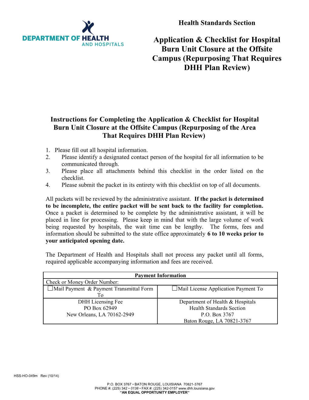 Instructions for Completing the Application & Checklist for Hospital Burn Unitclosure