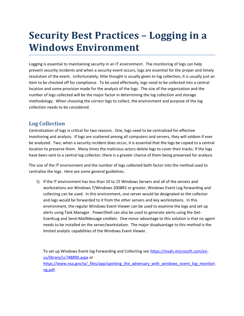 Security Best Practices Logging in a Windows Environment