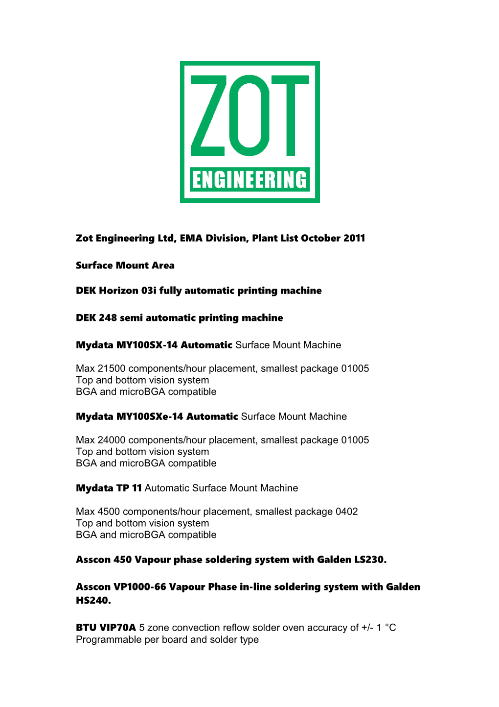 Zot Engineering Ltd, EMA Division, Plant List June 2011