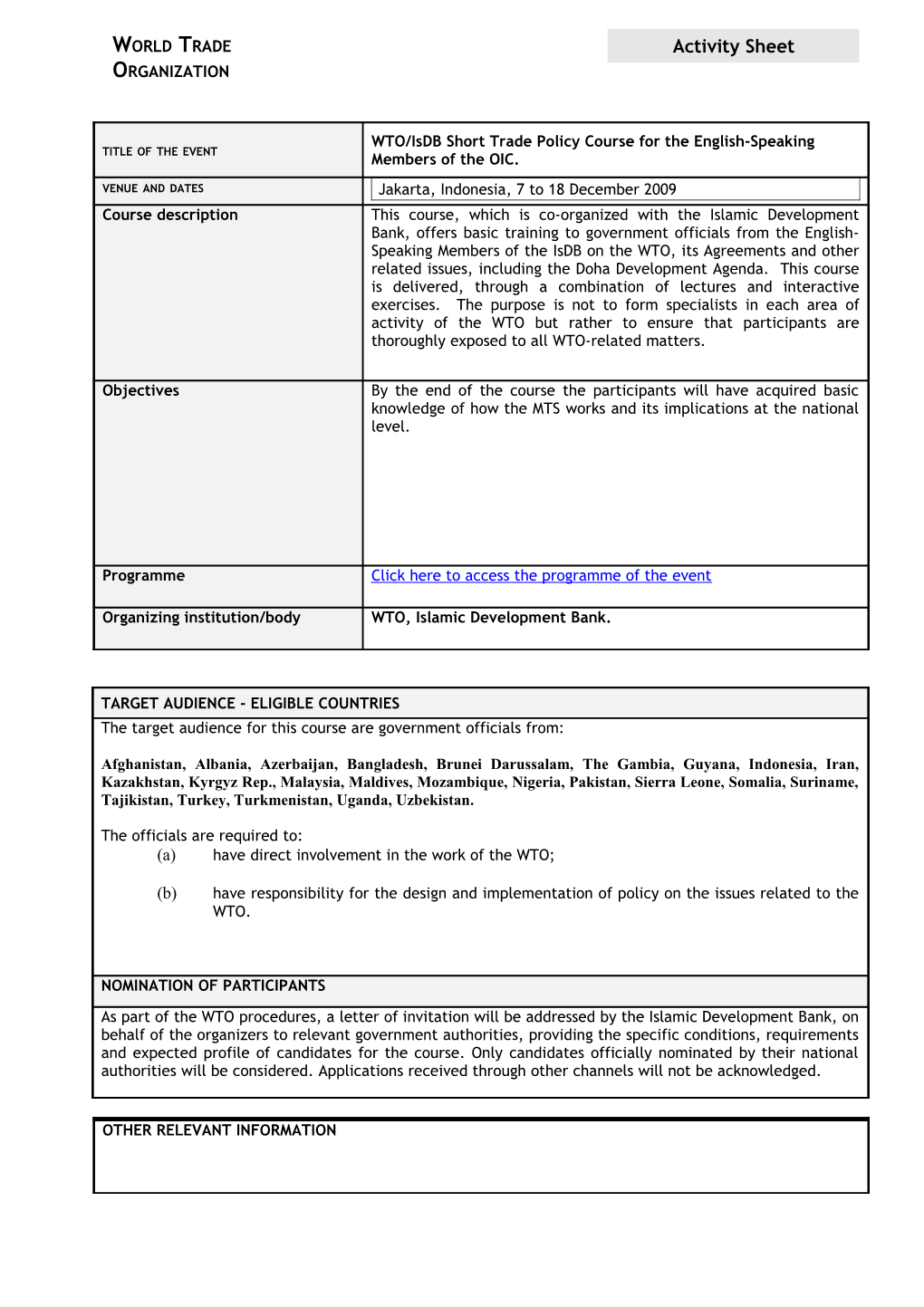 WTO/Isdb Trade Policy Course for Selected Members of the OIC