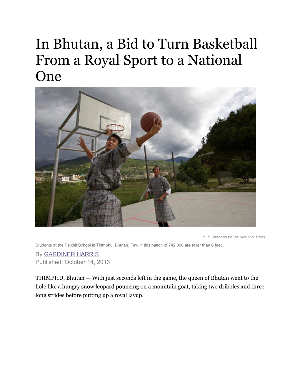 In Bhutan, a Bid to Turn Basketball from a Royal Sport to a National One