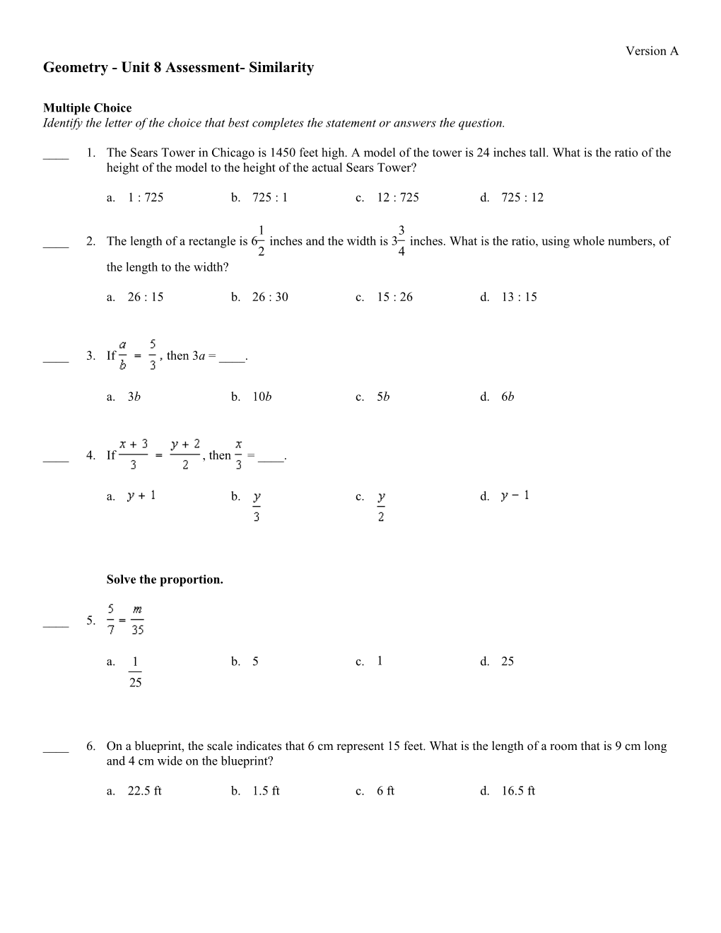 Geometry - Unit 8 Assessment- Similarity