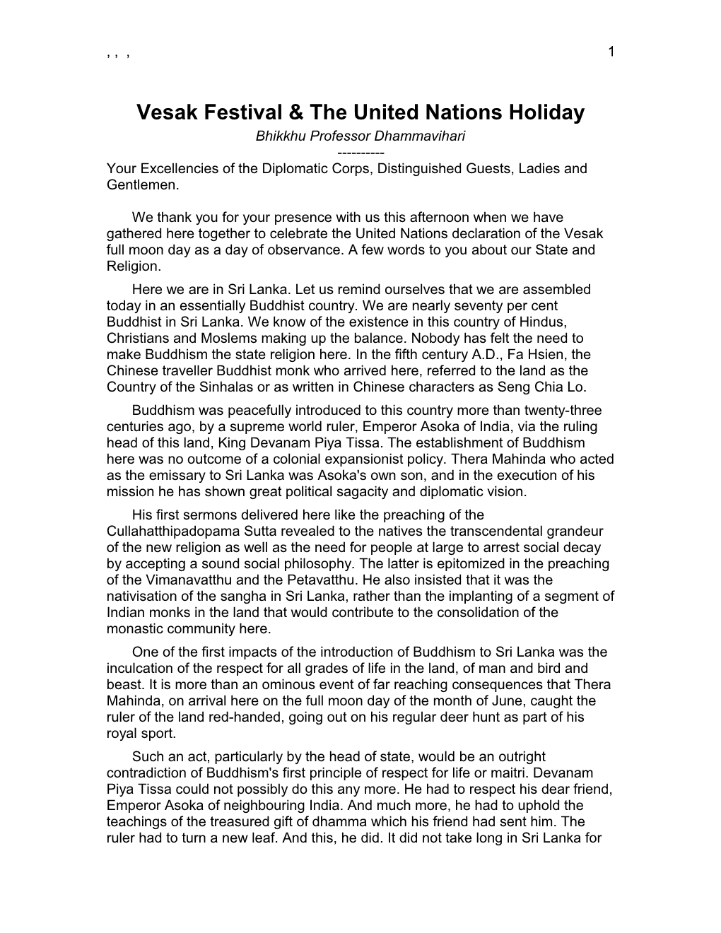 Vesak Festival & the United Nations Holiday