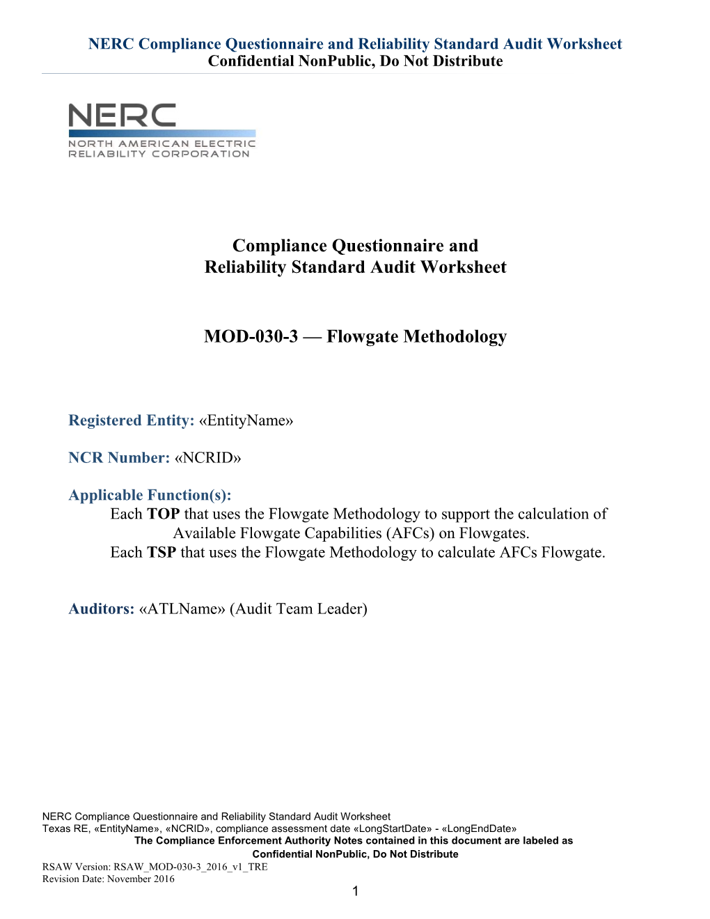 NERC Compliance Questionnaire and Reliability Standard Audit Worksheet