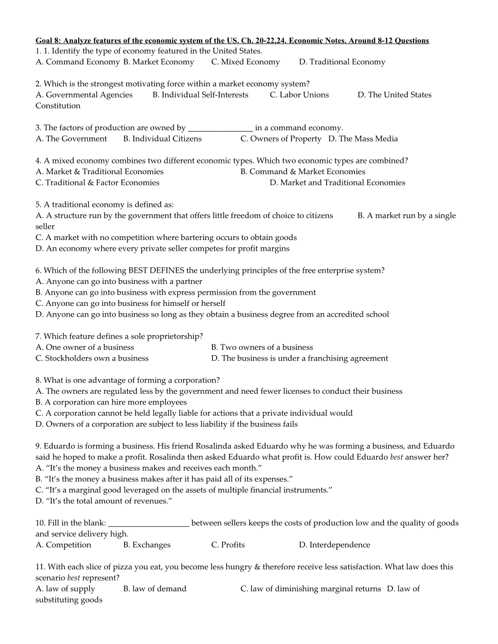 Goal 8: Analyze Features of the Economic System of the US