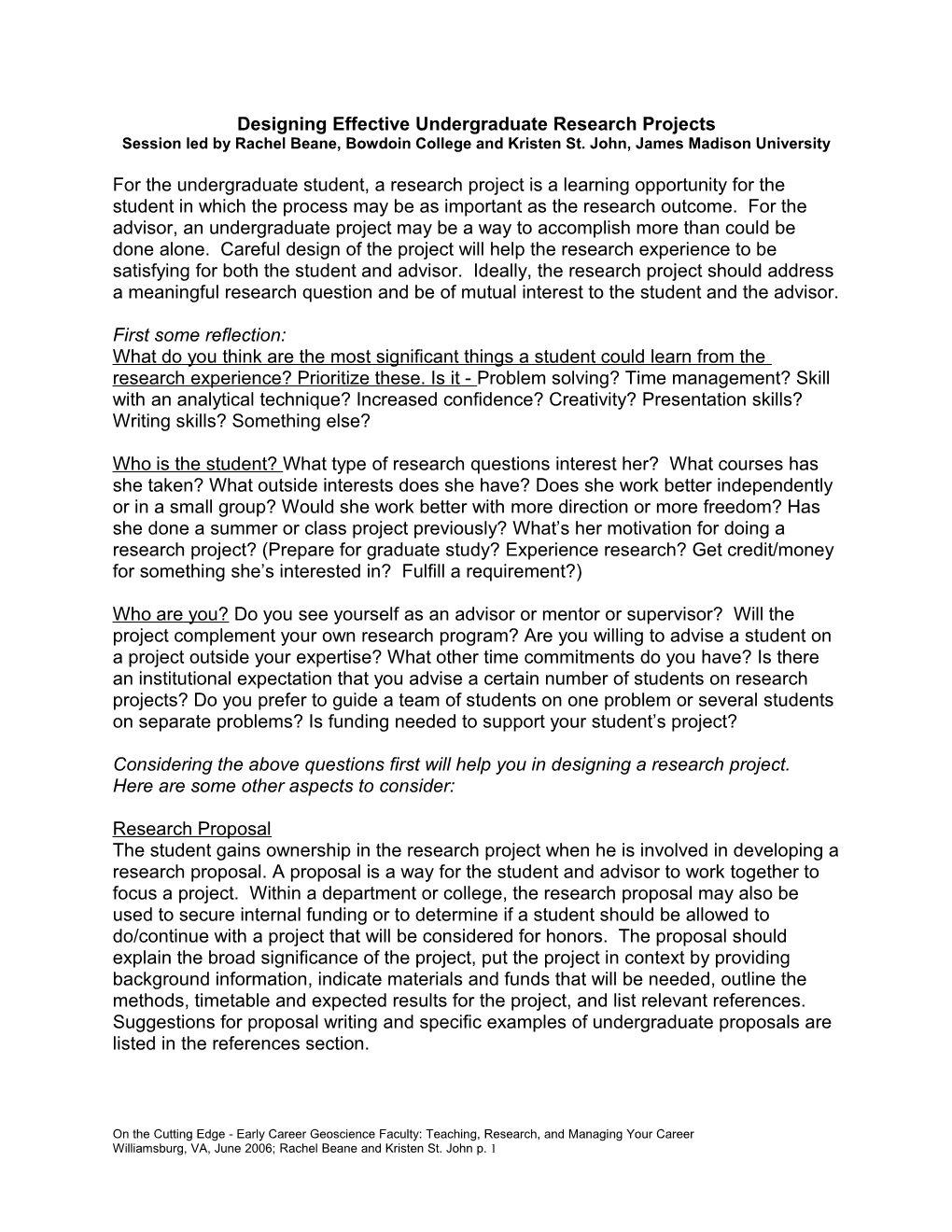 Designing Effective Undergraduate Research Projects