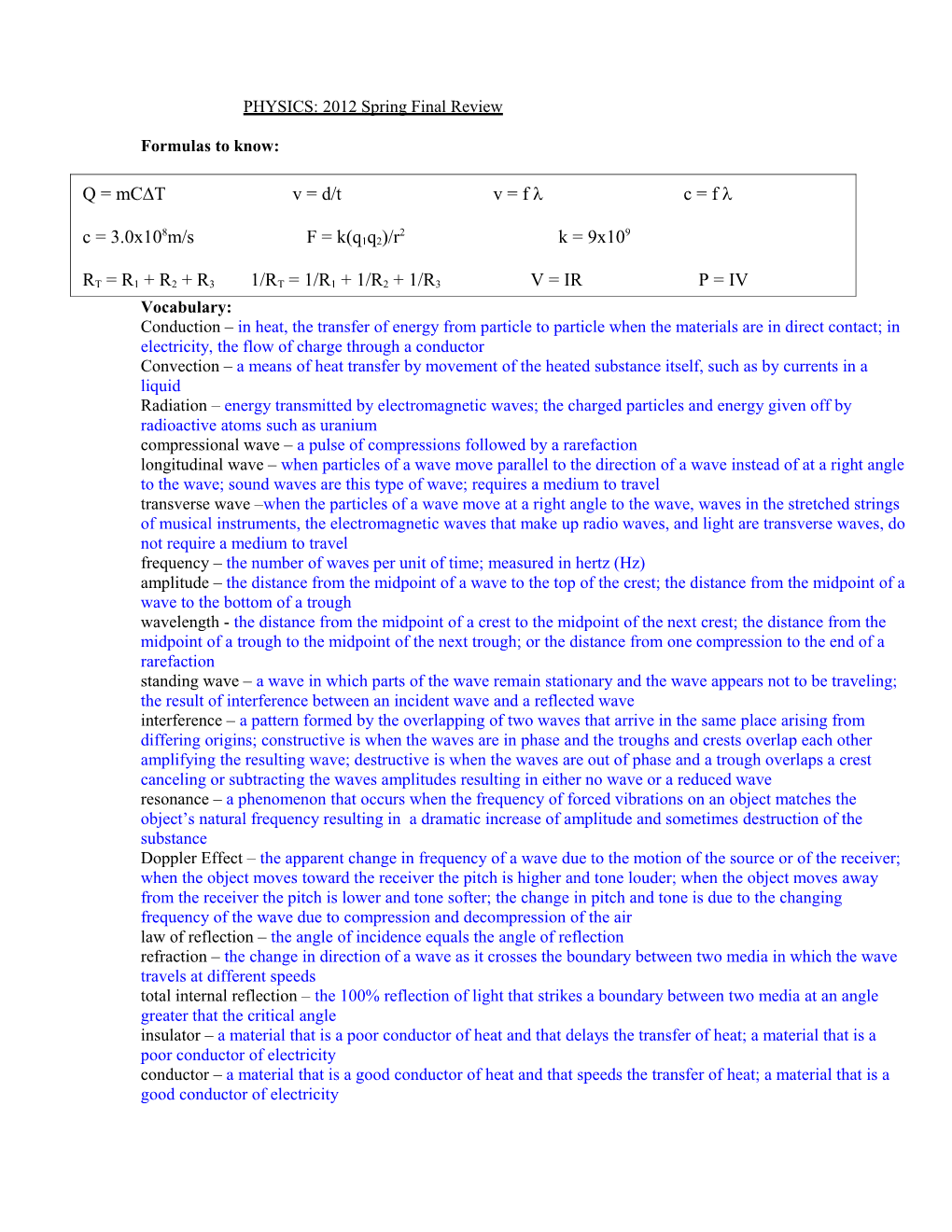 PHYSICS: Spring Final Review