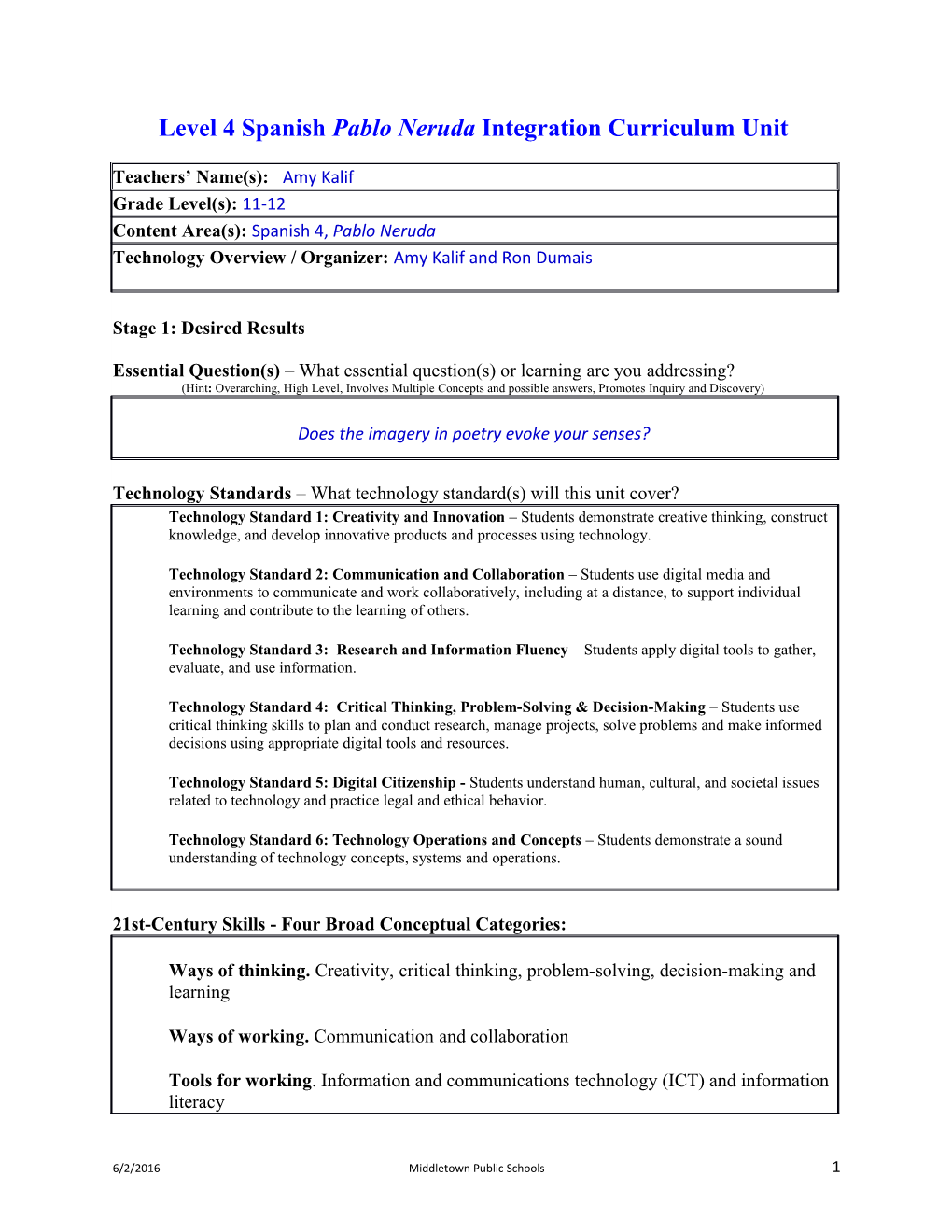 Level 4 Spanish Pablo Neruda Integration Curriculum Unit