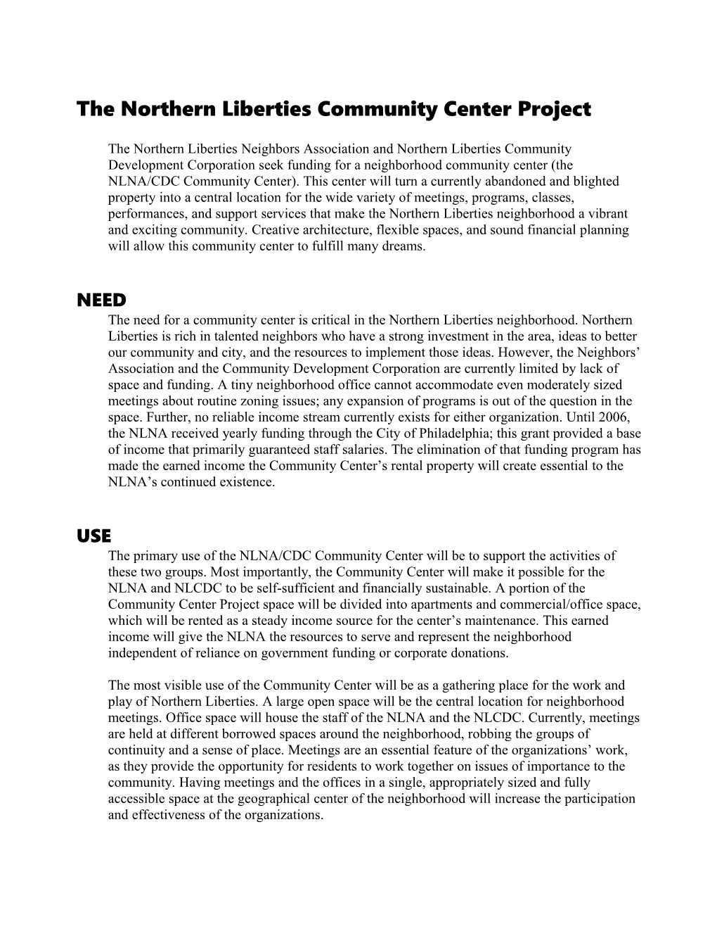The Northern Liberties Neighbors Association and Northern Liberties Community Development