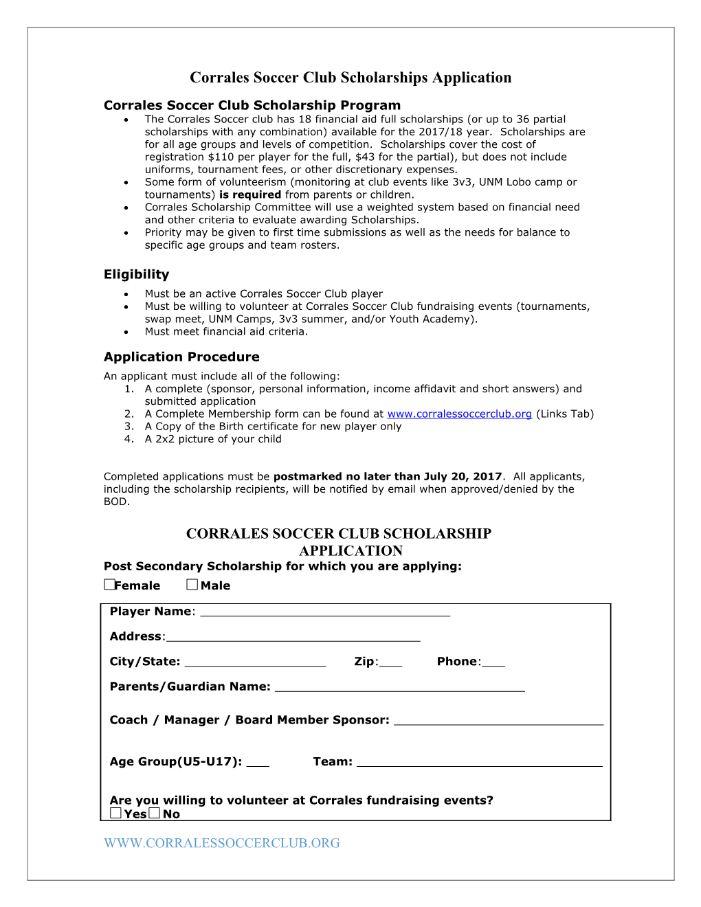 Corrales Soccer Club Scholarships Application