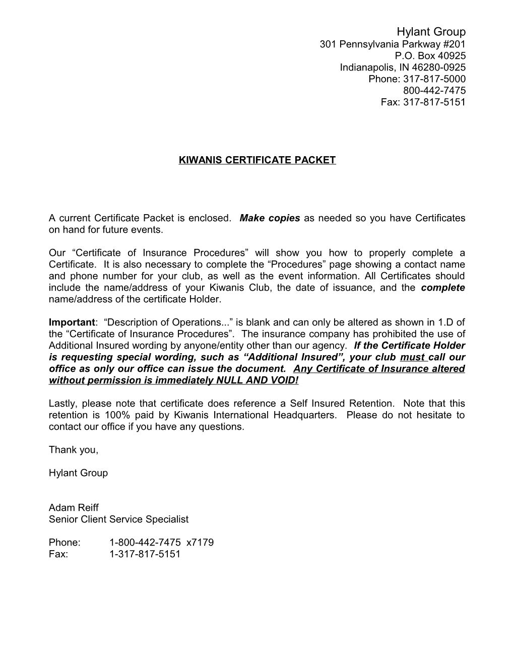 Kiwanis Certificate Packet