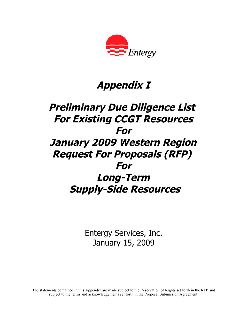 Preliminary Due Diligence List for Existing CCGT Resources