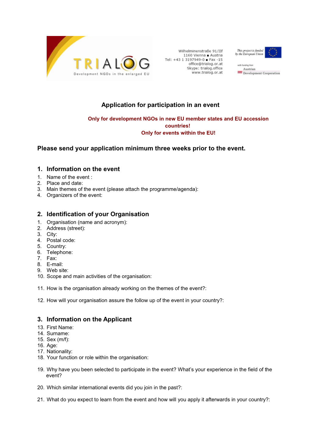 Application for Participation in an Event