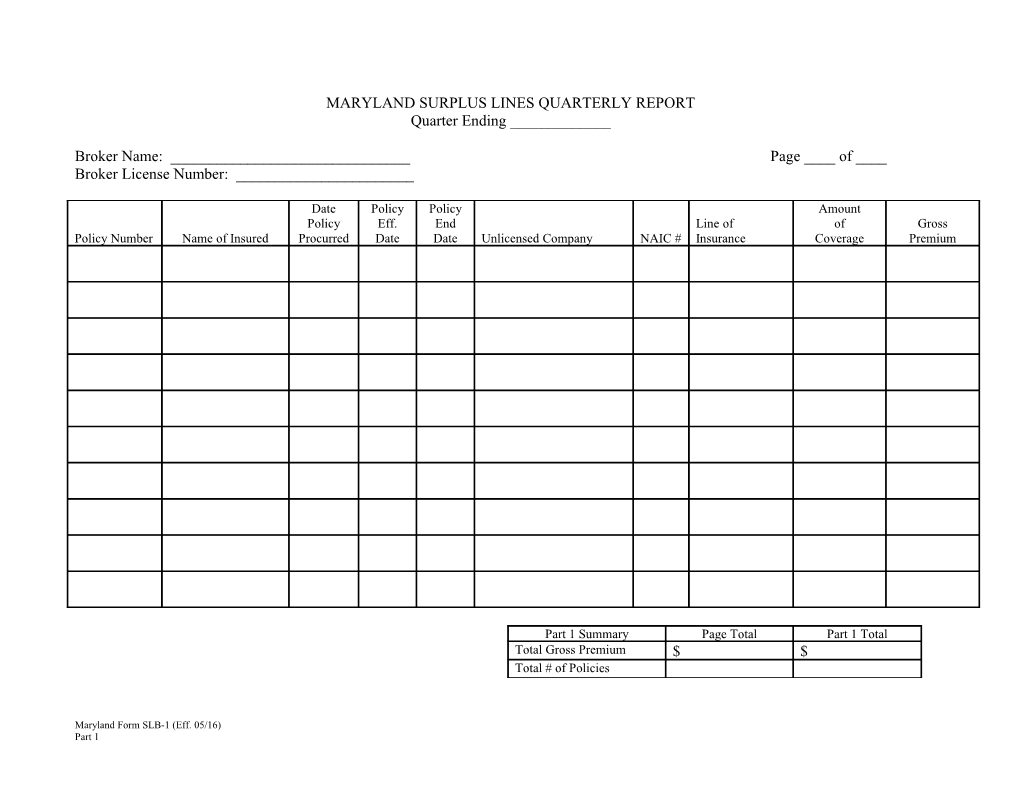 Maryland Surplus Lines Quarterly Report