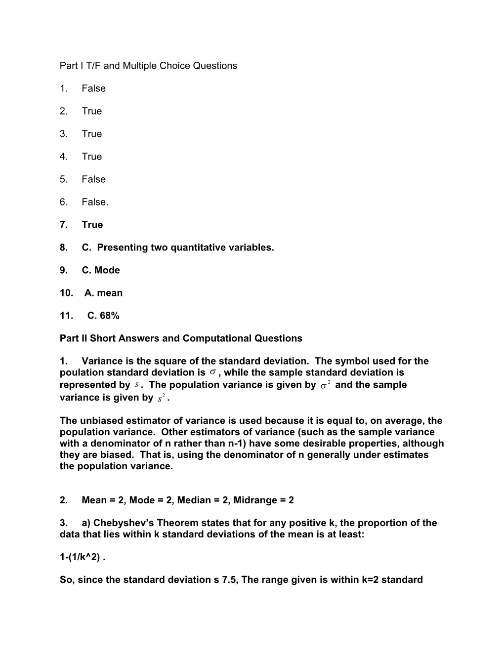 Part I T/F and Multiple Choice Questions