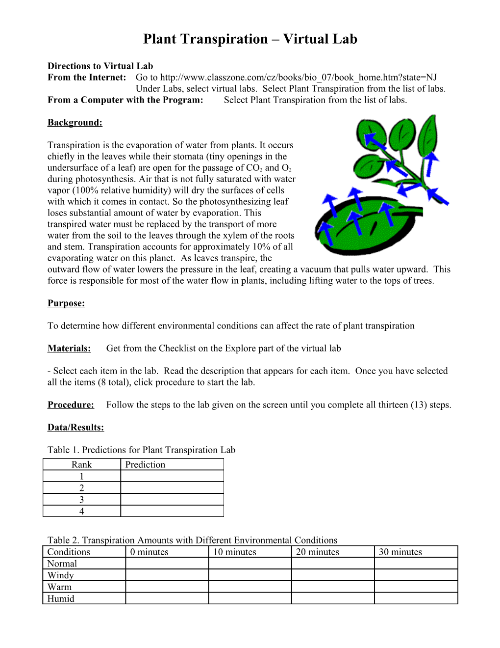 Plant Transpiration Virtual Lab