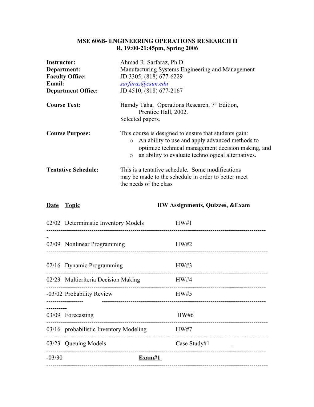 MSE 606A- ENGINEERING Operations Research