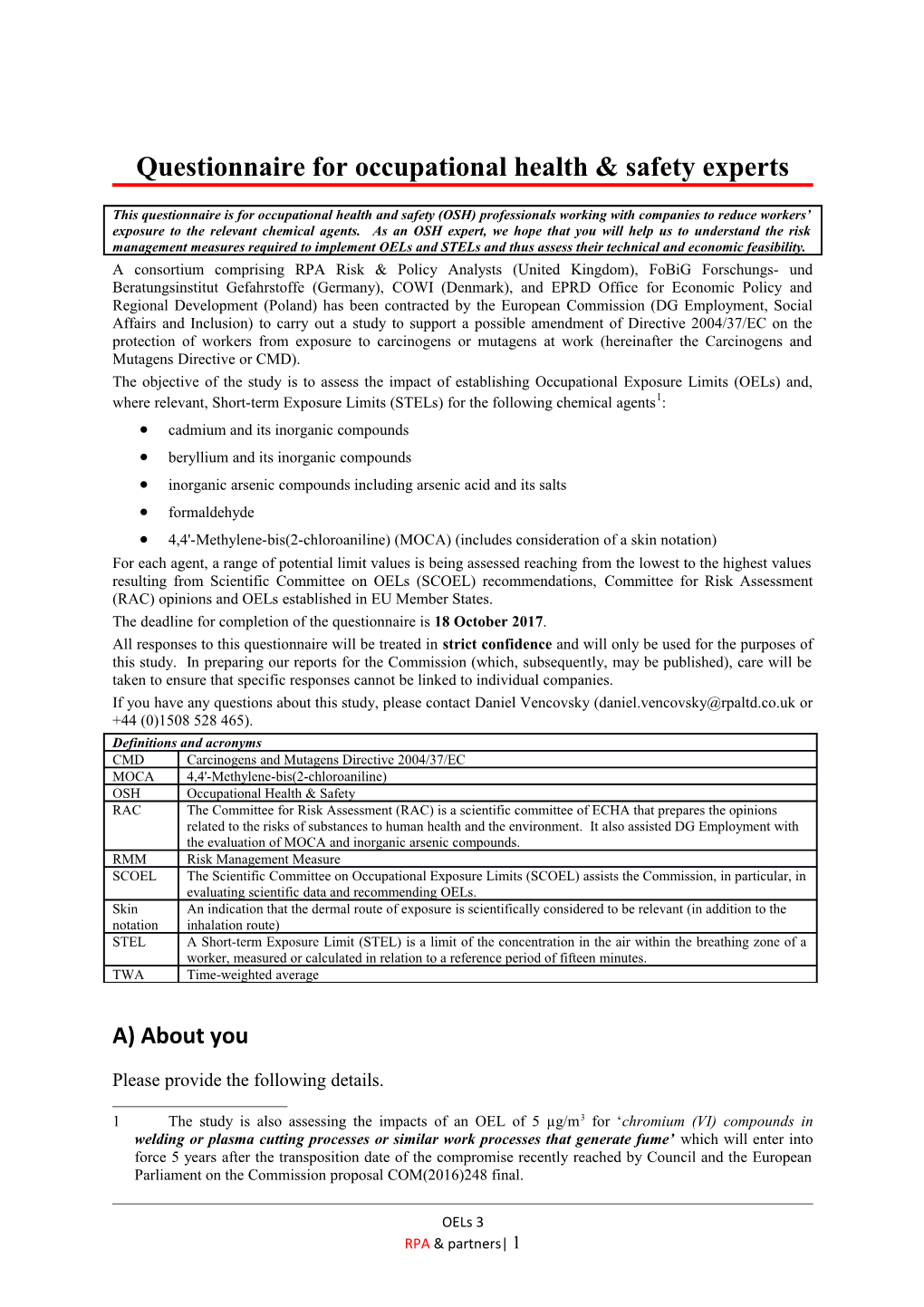 Questionnaire for Occupational Health & Safety Experts