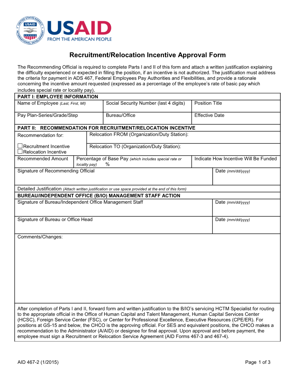 Recruitment/Relocation Incentive Approval Form