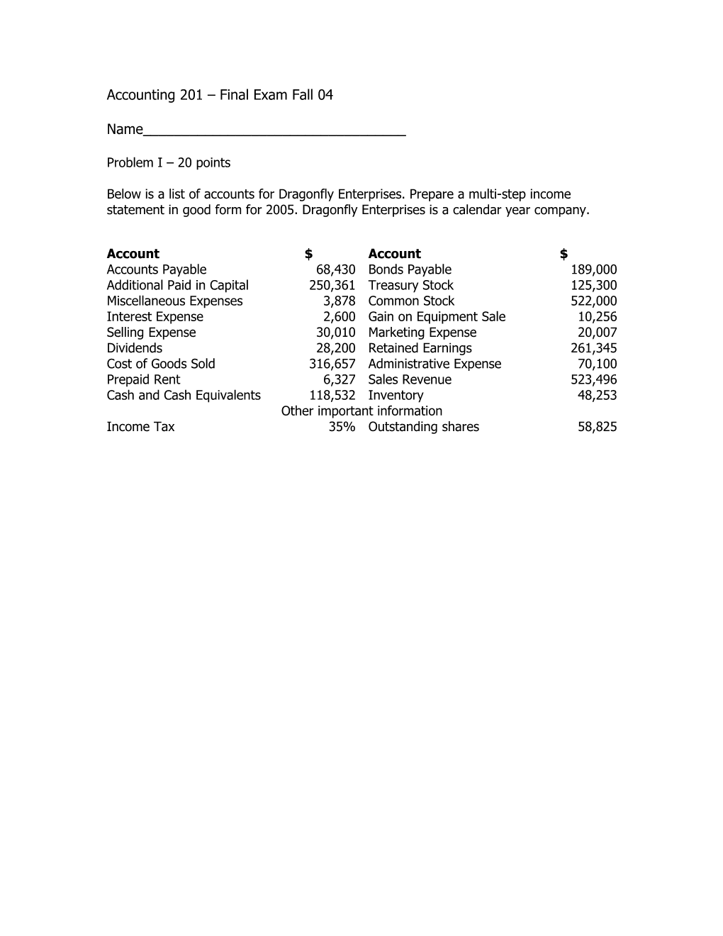 Accounting 201 Final Exam Fall 04