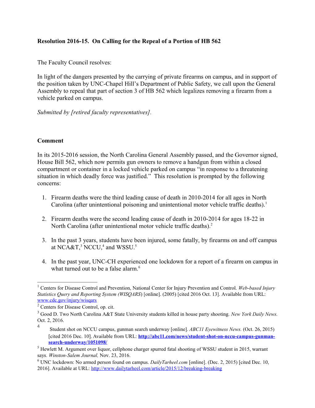 Resolution 2016-15. on Calling for the Repeal of a Portion of HB 562