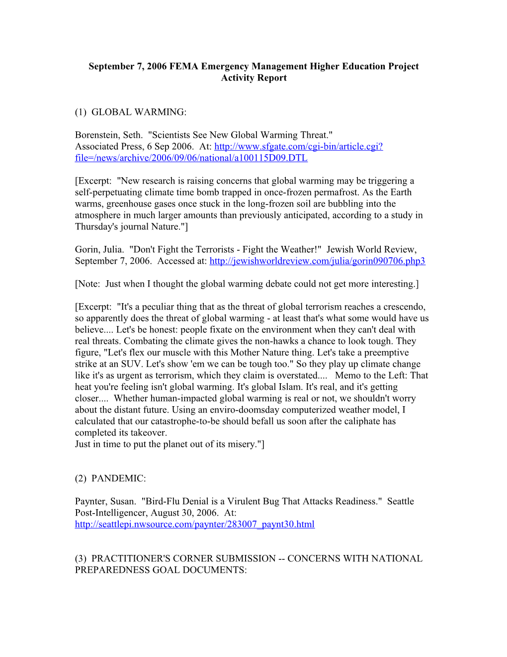 September 7, 2006 FEMA Emergency Management Higher Education Project Activity Report