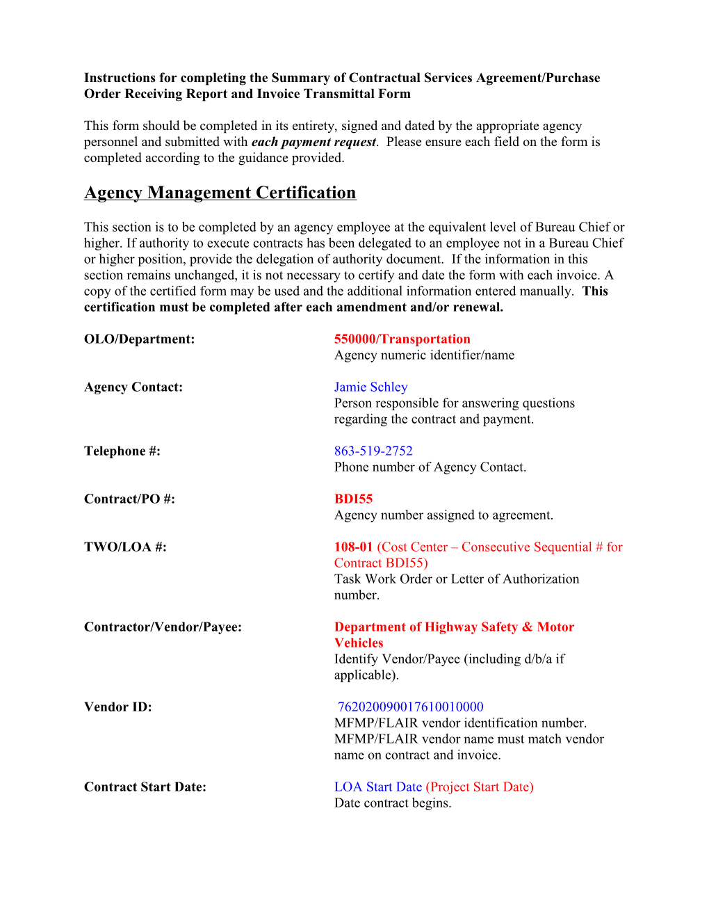 Instructions for Completing the Summary of Contractual Services Agreement/Purchase Order