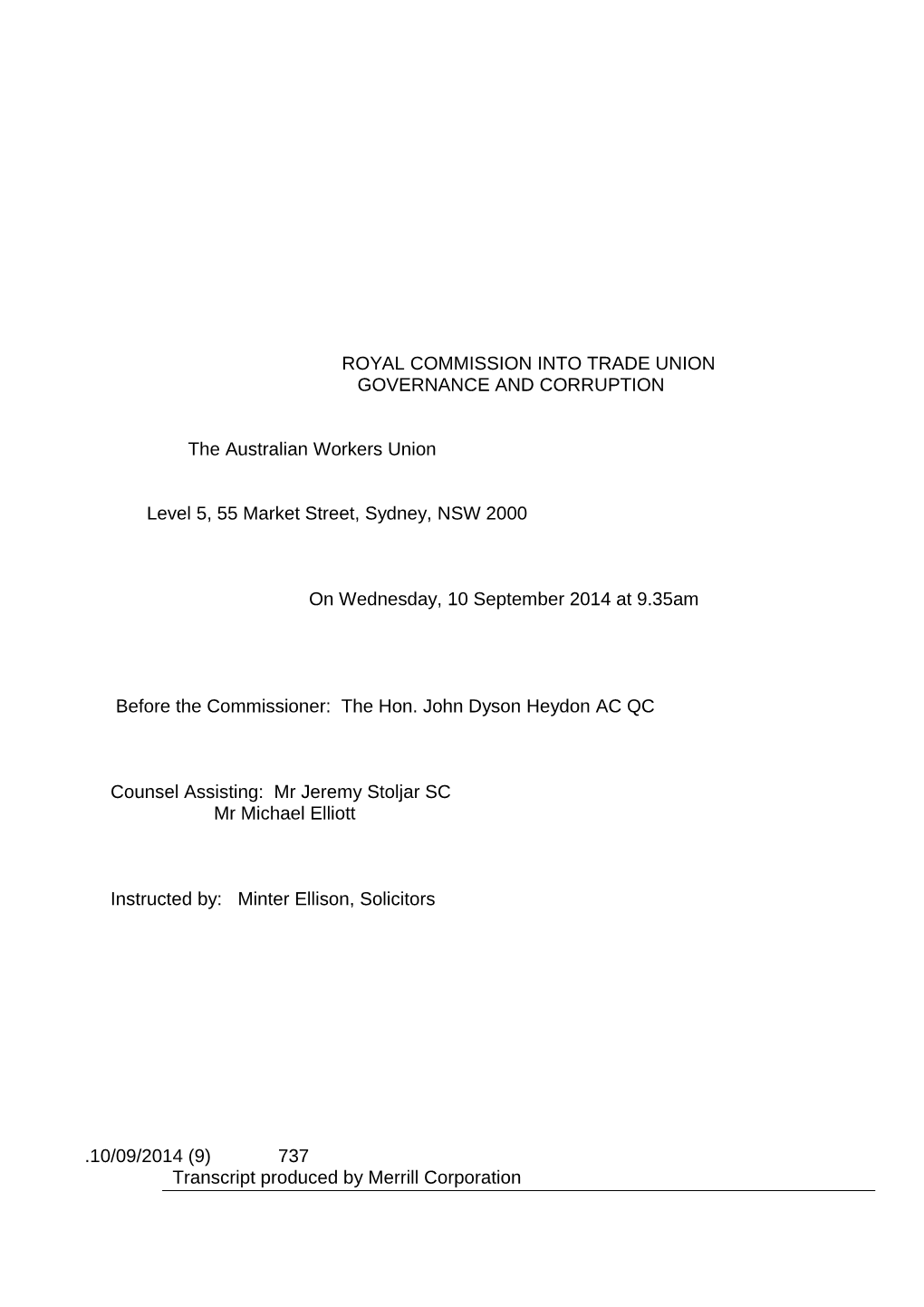 Royal Commission Into Trade Union Governance and Corruption, Transcript, 10 September 2014