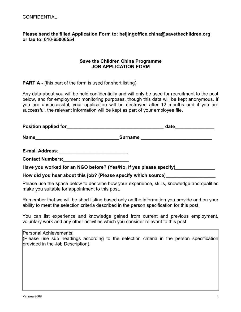 PART a - APPLICATION FORM (This Part of the Form Is Used for Short Listing)