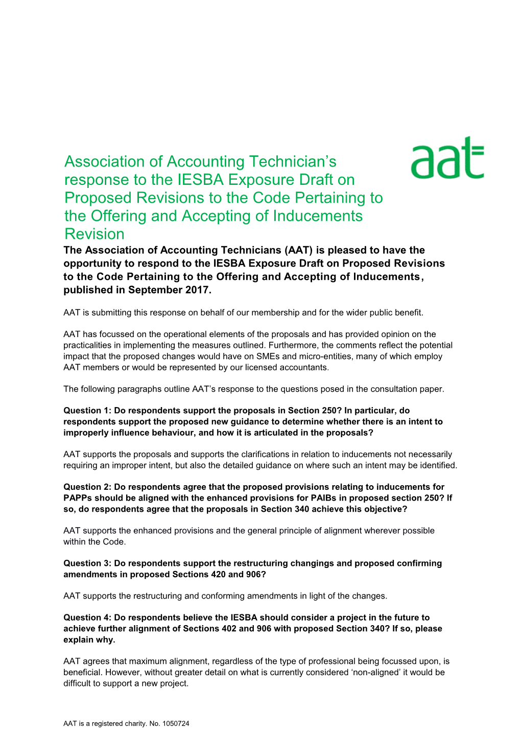 Association of Accounting Technician S Response Tothe IESBA Exposure Draft on Proposed