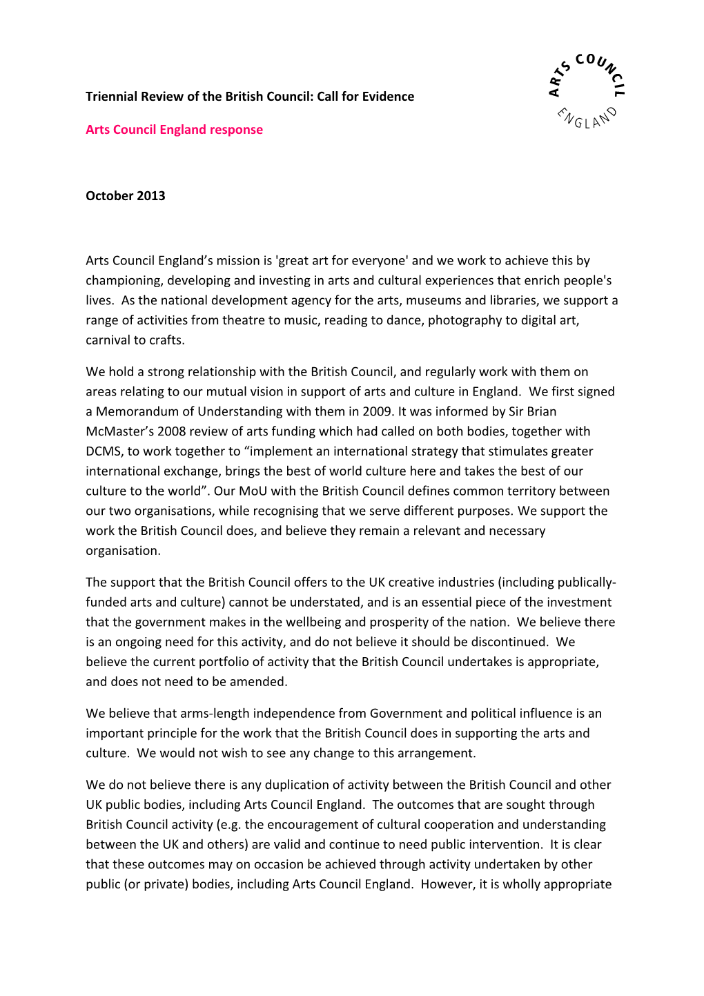 Arts Council England Response