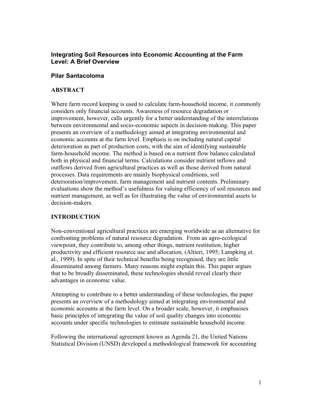 Integrating Soil Resources and Economic Accounting at the Farm Level: a Brief Overview