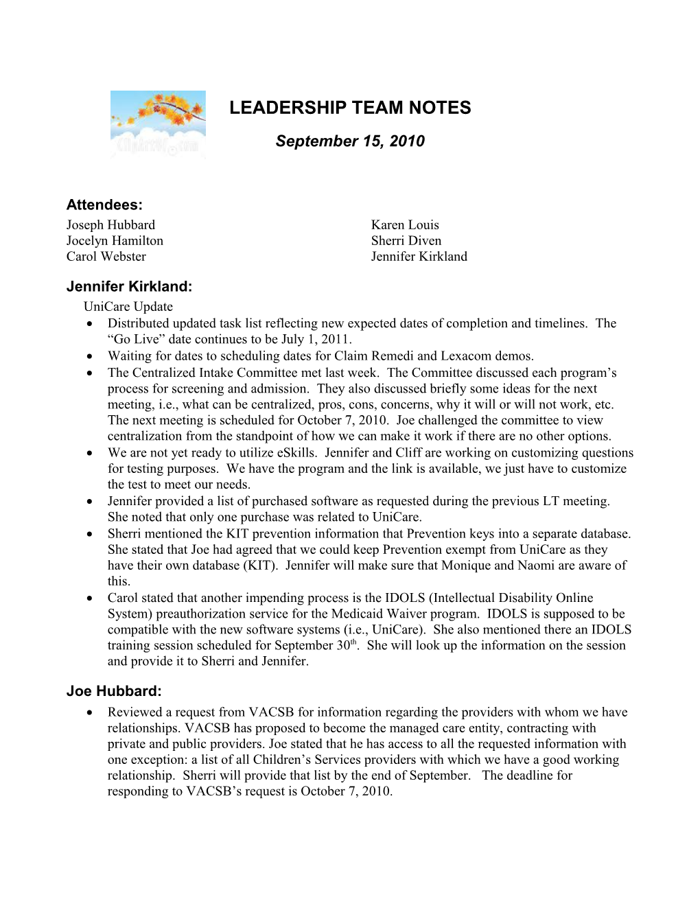 Leadership Team Notes